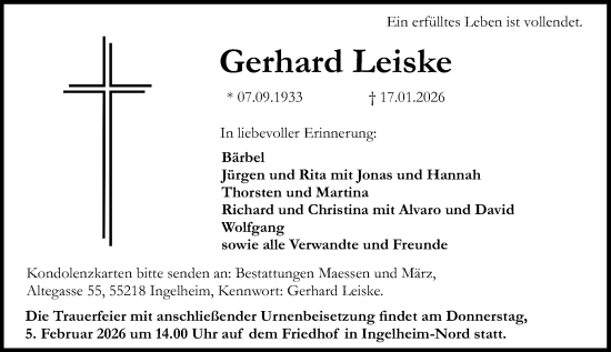 Traueranzeige von Gerhard Leiske von Allgemeine Zeitung Rheinhessen-Nahe