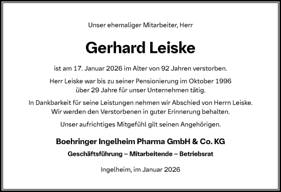 Traueranzeige von Gerhard Leiske von Allgemeine Zeitung Rheinhessen-Nahe
