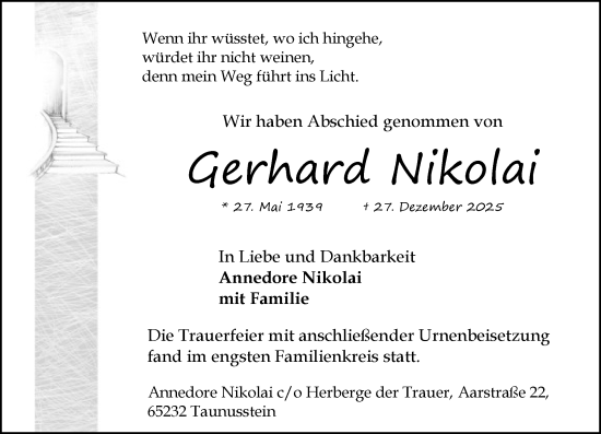 Traueranzeige von Gerhard Nikolai von Dill Block