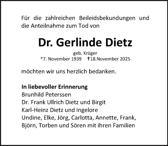 Traueranzeige von Gerlinde Dietz von Wetzlarer Neue Zeitung