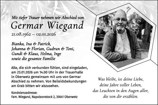 Traueranzeige von Germar Wiegand von Wetzlarer Neue Zeitung