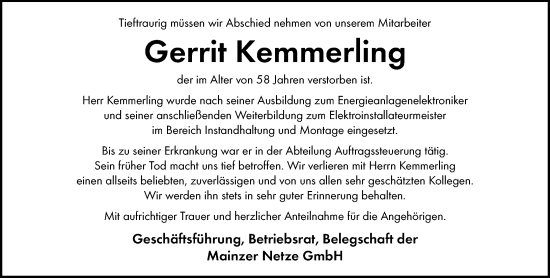 Traueranzeige von Gerrit Kemmerling von Allgemeine Zeitung Mainz