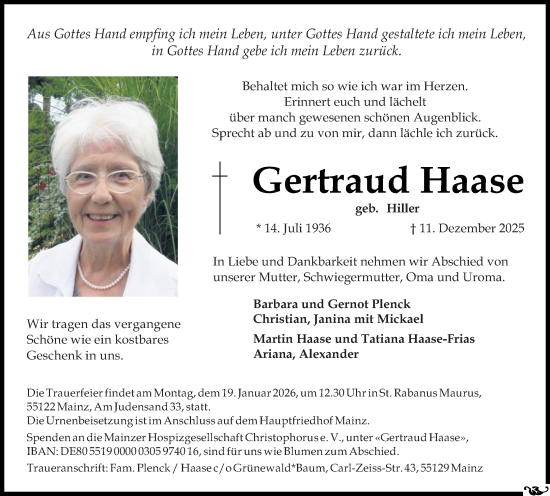 Traueranzeige von Gertraud Haase von Allgemeine Zeitung Mainz