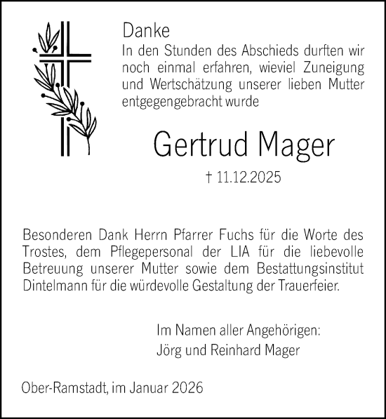 Traueranzeige von Gertrud Mager von Darmstädter Echo