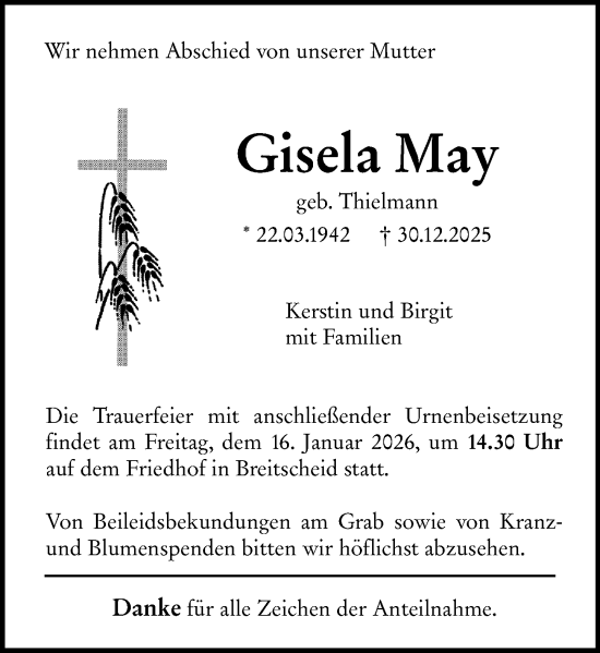 Traueranzeige von Gisela May von Dill Block