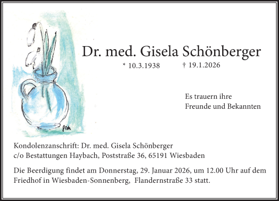 Traueranzeige von Gisela Schönberger von Wiesbadener Kurier