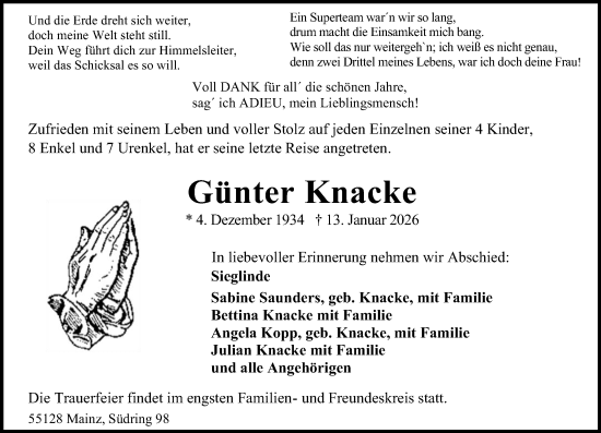 Traueranzeige von Günter Knacke von Allgemeine Zeitung Mainz
