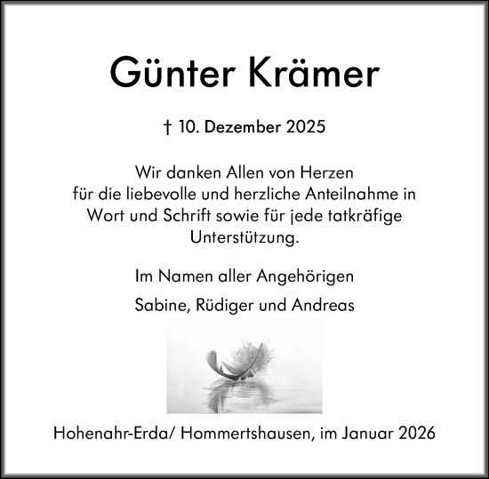 Traueranzeige von Günter Krämer von Hinterländer Anzeiger