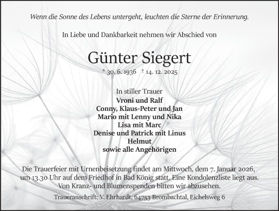 Traueranzeige von Günter Siegert von Odenwälder Echo