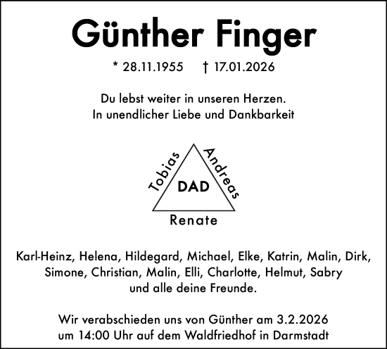 Traueranzeige von Günther Finger von Darmstädter Echo