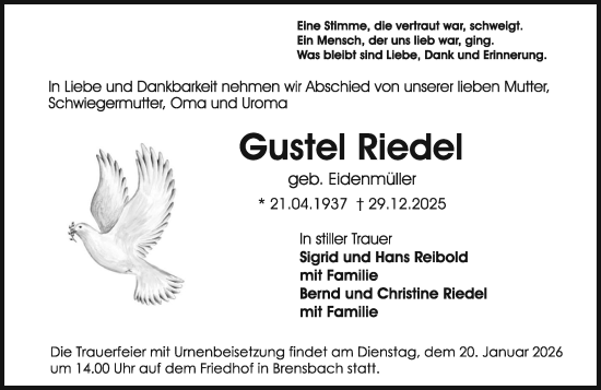 Traueranzeige von Gustel Riedel von Odenwälder Echo