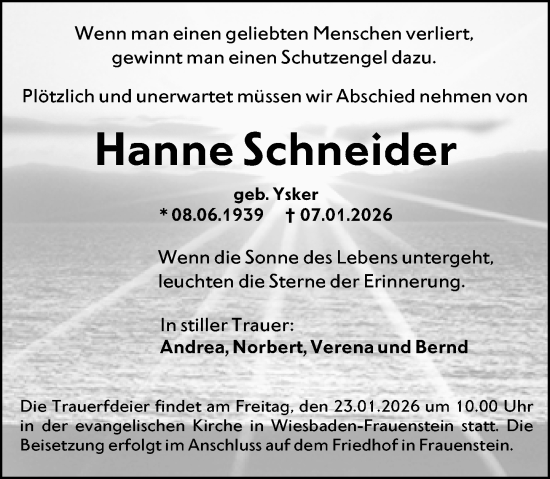 Traueranzeige von Hanne Schneider von Wiesbadener Kurier