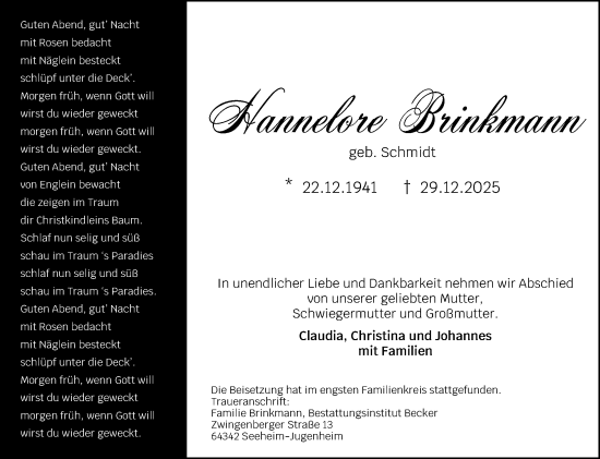 Traueranzeige von Hannelore Brinkmann von Dill Block