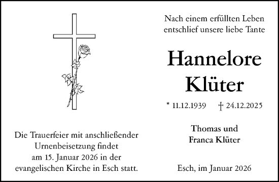 Traueranzeige von Hannelore Klüter von Camberger Anzeiger