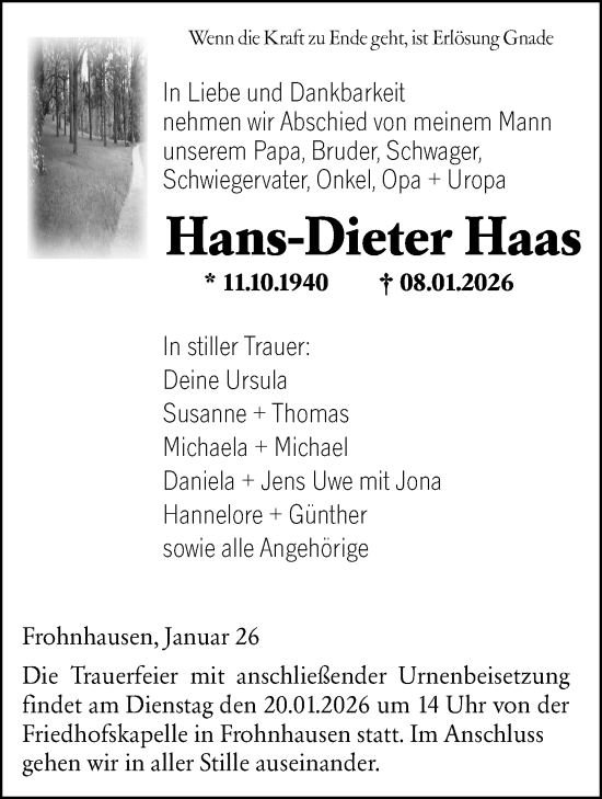Traueranzeige von Hans-Dieter Haas von Dill Block