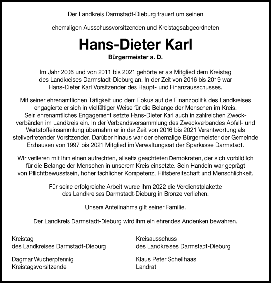 Traueranzeige von Hans-Dieter Karl von Darmstädter Echo