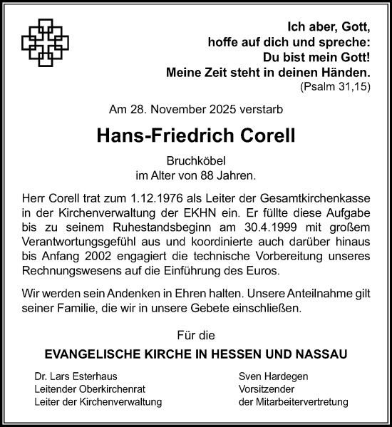 Traueranzeige von Hans-Friedrich Corell von Darmstädter Echo