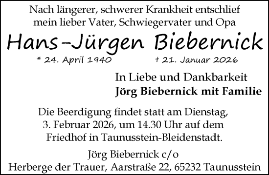 Traueranzeige von Hans-Jürgen Biebernick von Wiesbadener Kurier