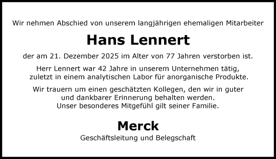 Traueranzeige von Hans Lennert von Darmstädter Echo