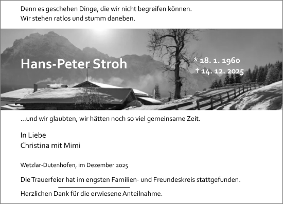 Traueranzeige von Hans-Peter Stroh von Wetzlarer Neue Zeitung