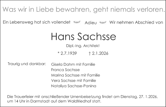 Traueranzeige von Hans Sachsse von Darmstädter Echo