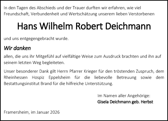 Traueranzeige von Hans Wilhelm Robert Deichmann von Allgemeine Zeitung Alzey