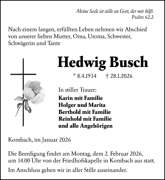 Traueranzeige von Hedwig Busch von Hinterländer Anzeiger