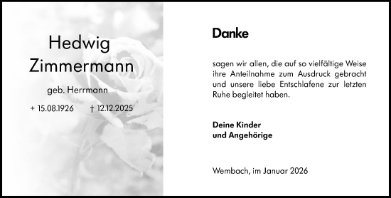 Traueranzeige von Hedwig Zimmermann von Darmstädter Echo