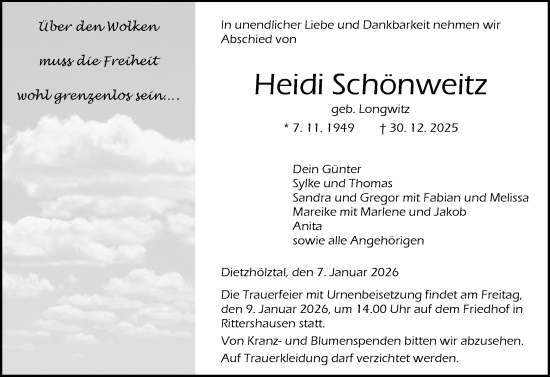 Traueranzeige von Heidi Schönweitz von Hinterländer Anzeiger