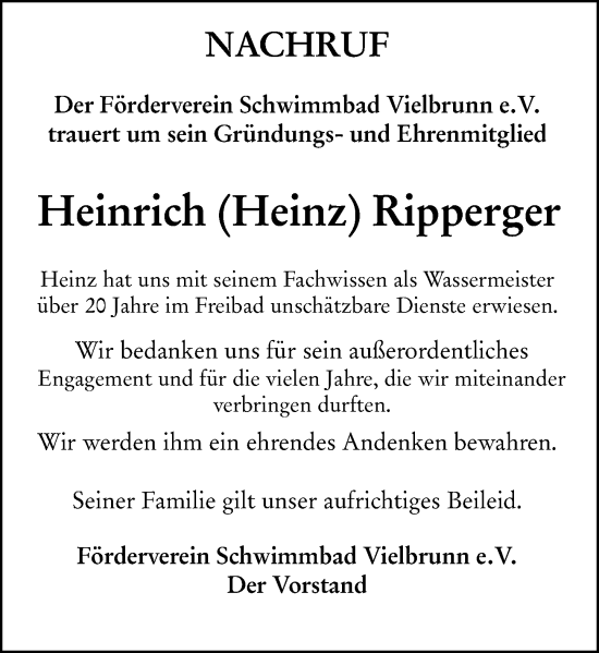 Traueranzeige von Heinrich Ripperger von Odenwälder Echo