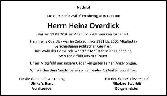 Traueranzeige von Heinz Overdick von Rheingau Kurier