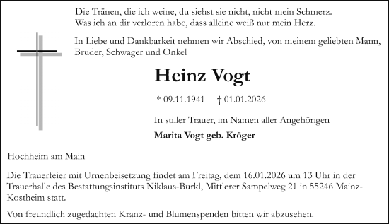 Traueranzeige von Heinz Vogt von Allgemeine Zeitung Mainz