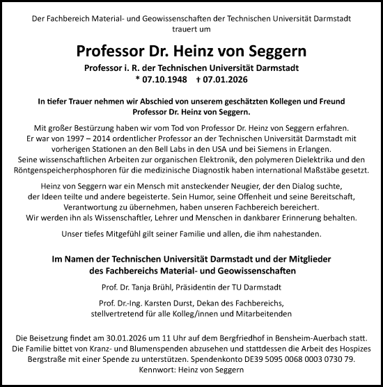 Traueranzeige von Heinz von Seggern von Darmstädter Echo