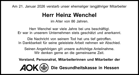 Traueranzeige von Heinz Wenchel von Darmstädter Echo