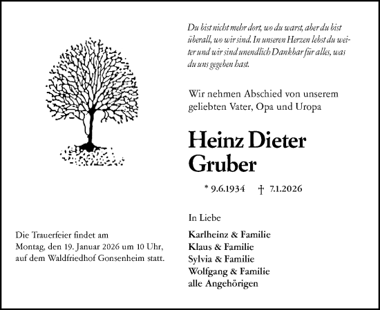 Traueranzeige von Heinz Dieter Gruber von Allgemeine Zeitung Mainz