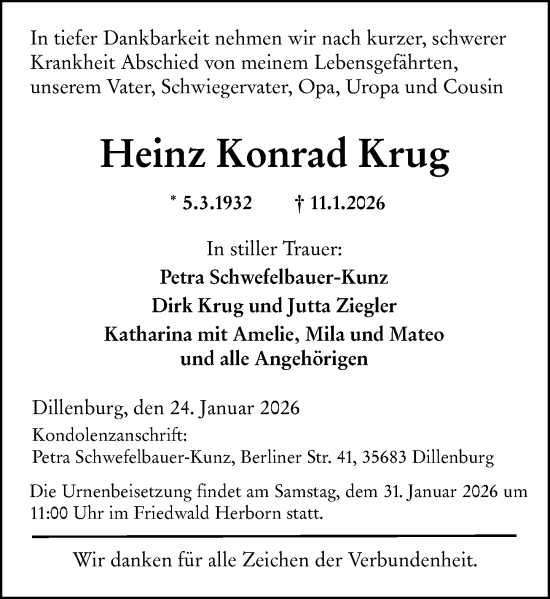 Traueranzeige von Heinz Konrad Krug von Dill Block