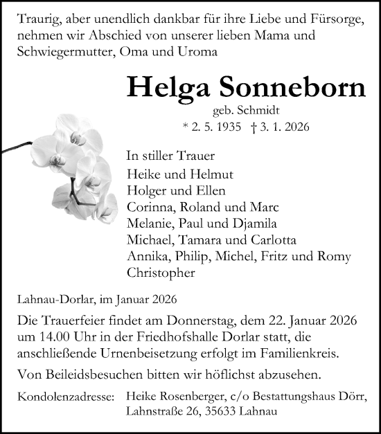 Traueranzeige von Helga Sonneborn von Wetzlarer Neue Zeitung