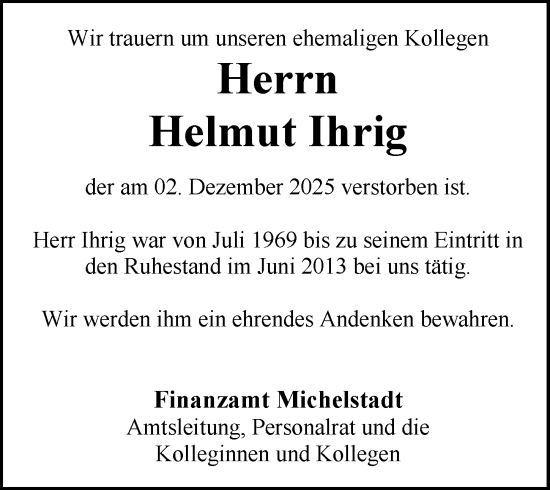 Traueranzeige von Helmut Ihrig von Odenwälder Echo