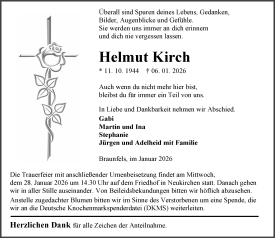 Traueranzeige von Helmut Kirch von Wetzlarer Neue Zeitung
