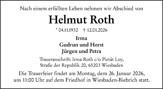 Traueranzeige von Helmut Roth von Wiesbadener Kurier