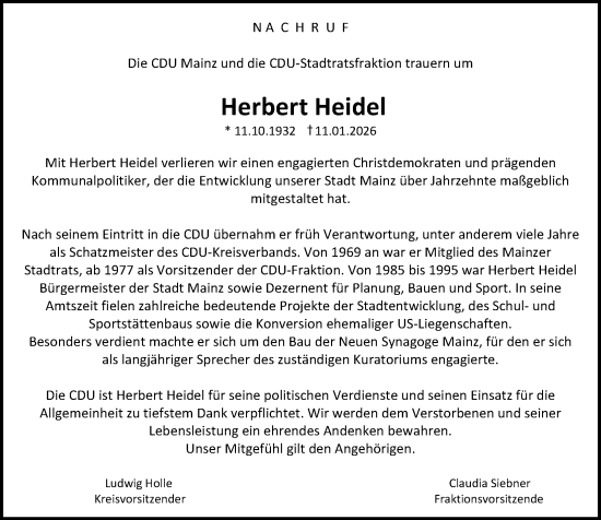 Traueranzeige von Herbert Heidel von Allgemeine Zeitung Mainz