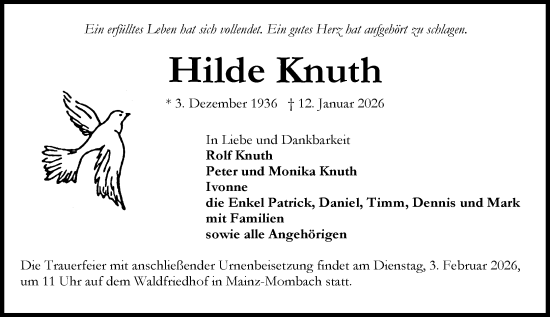 Traueranzeige von Hilde Knuth von Allgemeine Zeitung Mainz