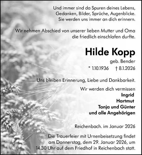 Traueranzeige von Hilde Kopp von Camberger Anzeiger