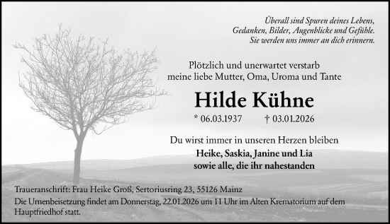 Traueranzeige von Hilde Kühne von Allgemeine Zeitung Mainz