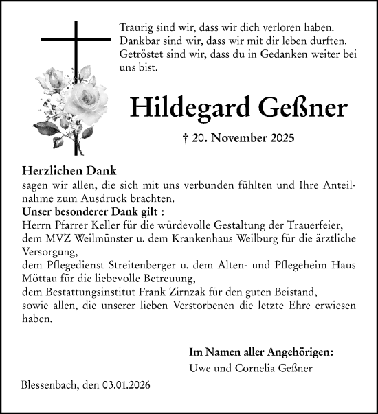 Traueranzeige von Hildegard Geßner von Weilburger Tageblatt