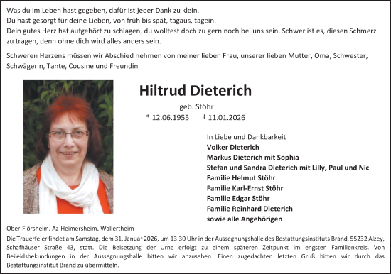Traueranzeige von Hiltrud Dieterich von Allgemeine Zeitung Alzey
