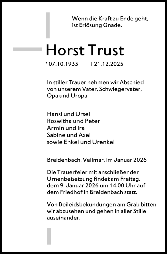 Traueranzeige von Horst Trust von Hinterländer Anzeiger