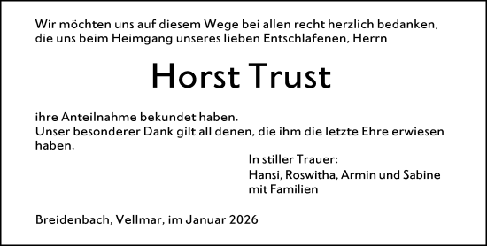 Traueranzeige von Horst Trust von Hinterländer Anzeiger