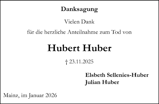 Traueranzeige von Hubert Huber von Allgemeine Zeitung Mainz