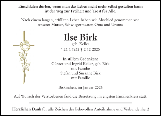 Traueranzeige von Ilse Birk von Wetzlarer Neue Zeitung